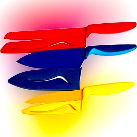 VTG RARE KUHN RIKON SET OF 3 NONSTICK BLADE KNIVES RED BLUE YELLOW 10” 11” 12” - Picture 2 of 10